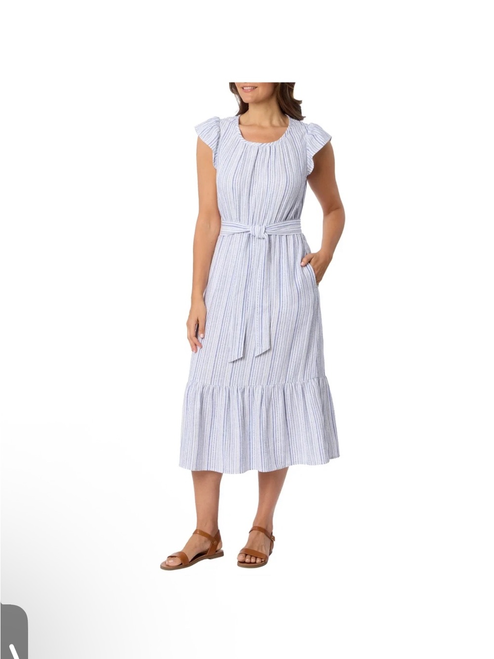 Briggs Striped Linen Blend Tiered Midi Dress Blue White Size XL
